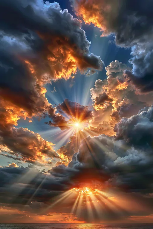 A dramatic sky filled with sunbeams breaking through dark, fiery