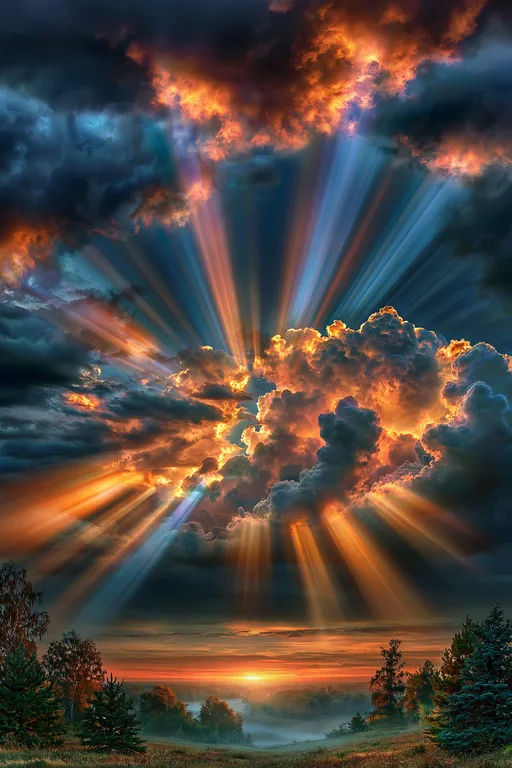 Dramatic sunbeams pierce through dark, fiery clouds, illuminating a