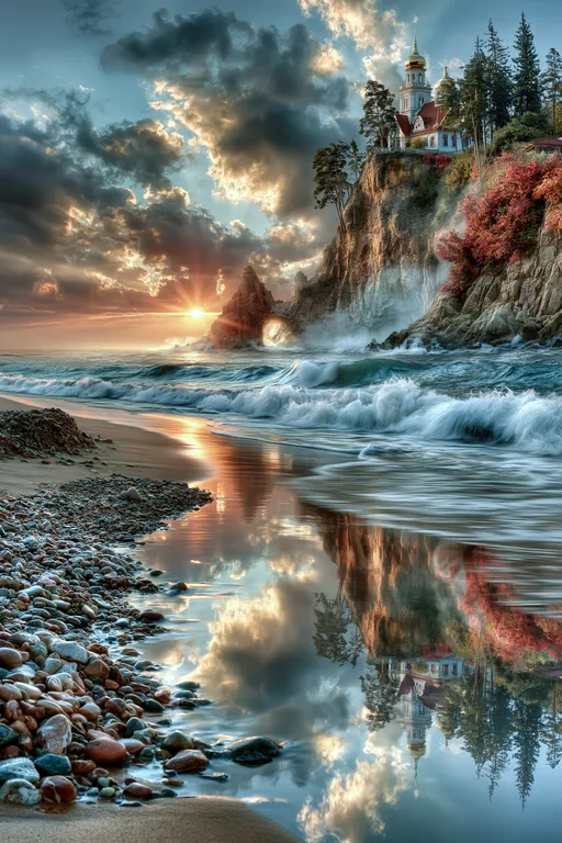 A dramatic sunset casts golden light over a rugged coastline with a