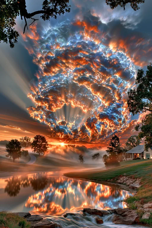A dramatic sunset paints the sky with fiery clouds and ethereal light