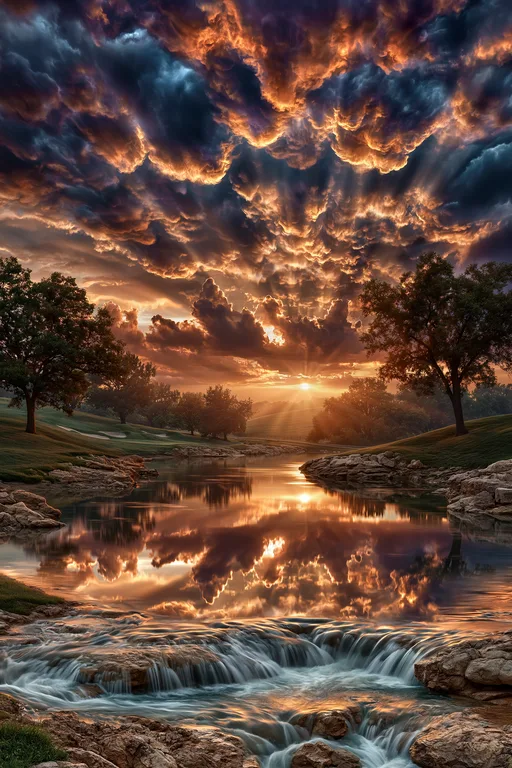 A dramatic sunset paints the sky with fiery oranges and deep blues,