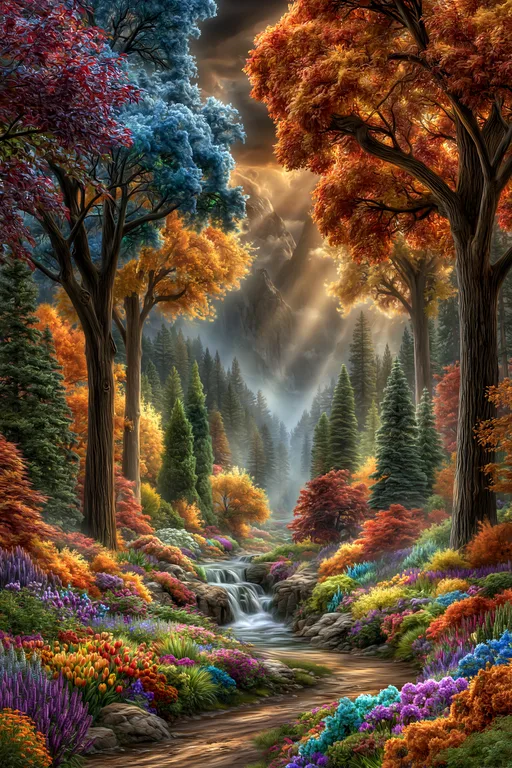 A vibrant and fantastical forest scene unfolds with a winding stream