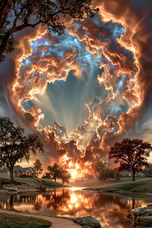 A dramatic sky filled with fiery, swirling clouds dominates the upper