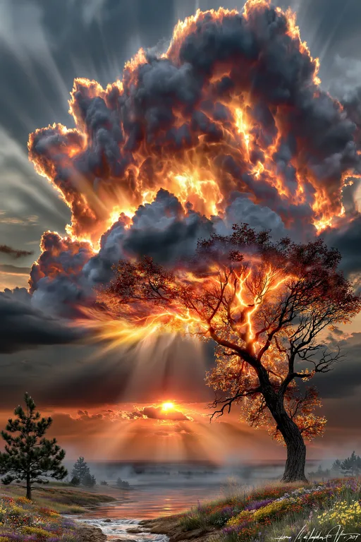 A dramatic sky filled with fiery clouds and sunbeams illuminates a