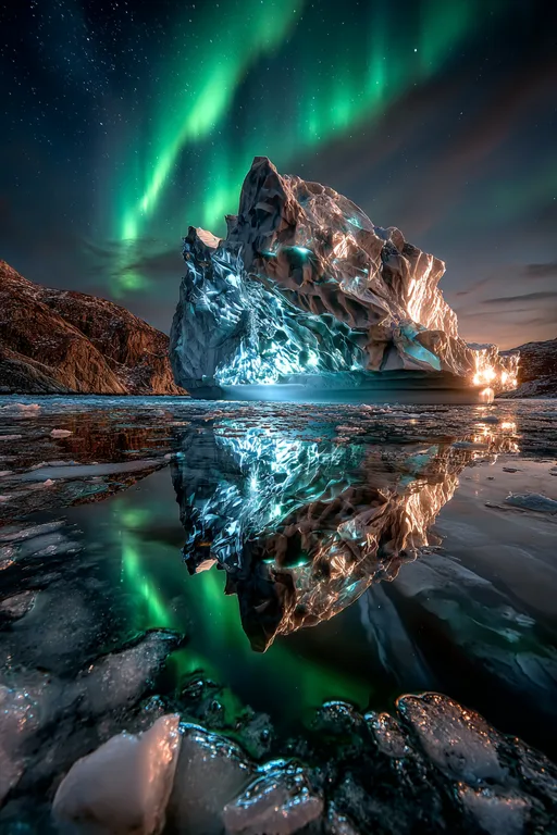 A majestic iceberg glows with internal light, reflecting in the icy