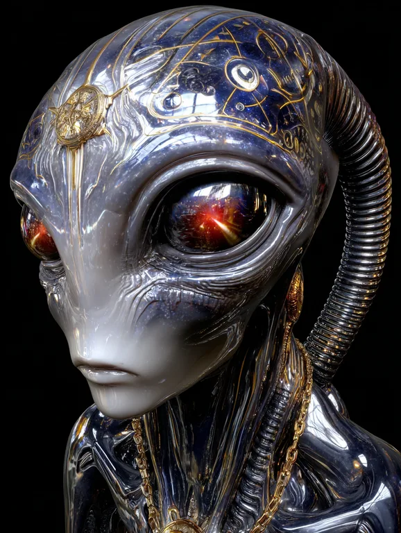 A close-up portrait of a highly detailed alien with a metallic,