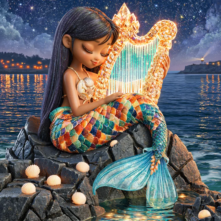 A young mermaid with long, dark hair sits on a rocky outcrop by the