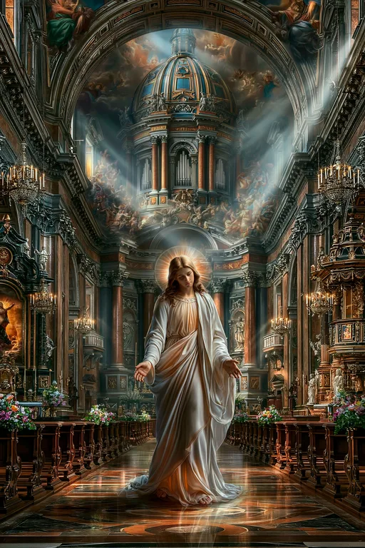 A divine figure, resembling Jesus Christ, stands in the center of a