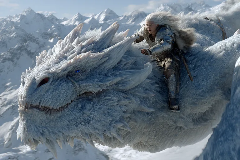 A woman with long white hair, clad in ornate silver armor, rides a