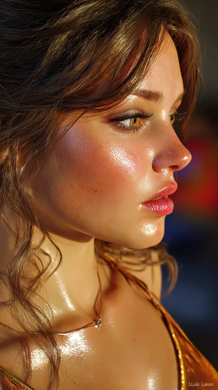 A close-up profile portrait of a young woman with wet skin,