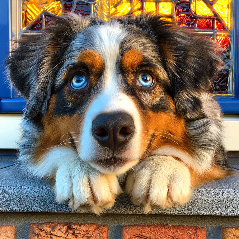 A close-up portrait of a beautiful Australian Shepherd dog with