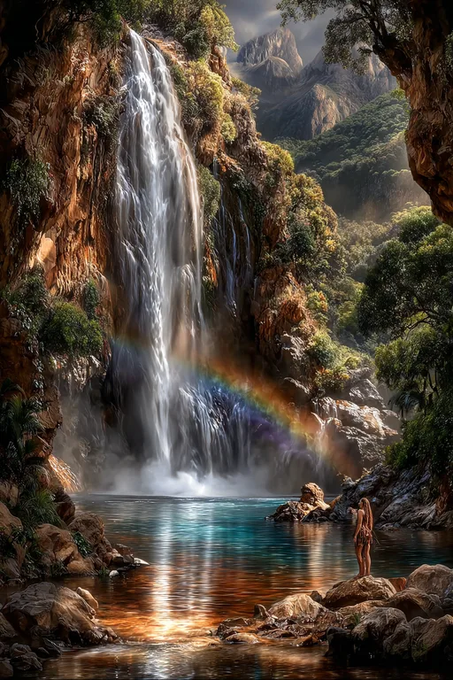 A lone woman stands on rocks by a serene lake, gazing at a majestic