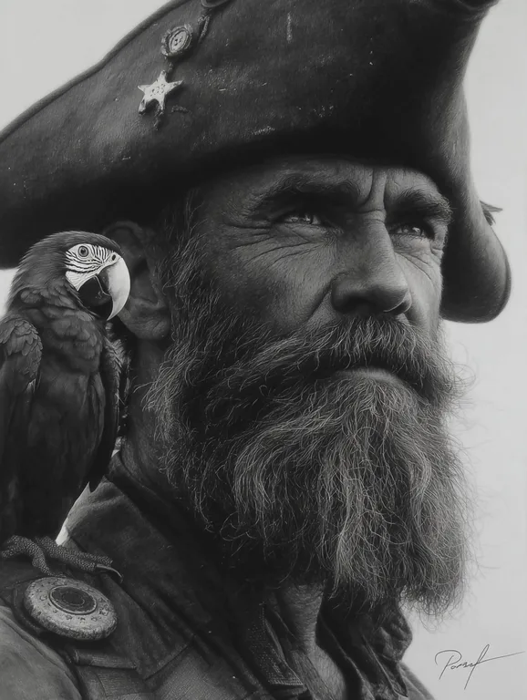 A detailed, photorealistic portrait of an old pirate with a long