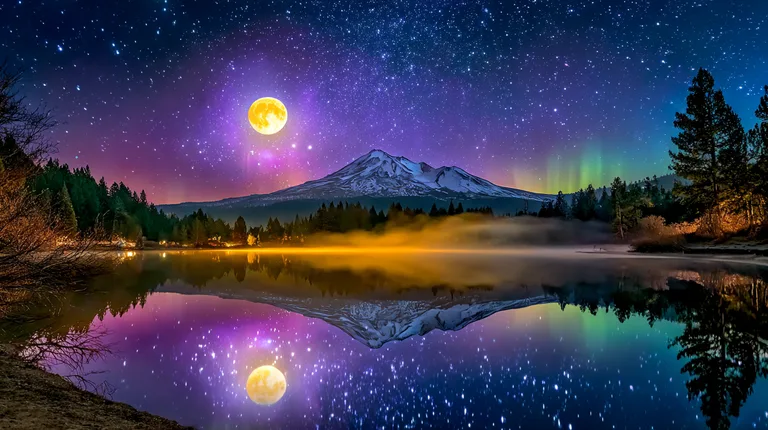 A majestic snow-capped mountain stands tall under a vibrant starry