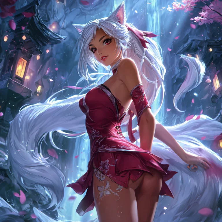 A beautiful anime-style fox girl with long white hair and striking
