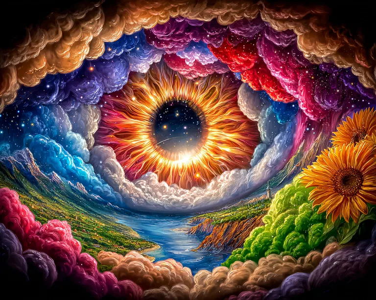 An abstract, surreal landscape unfolds within the iris of a giant eye