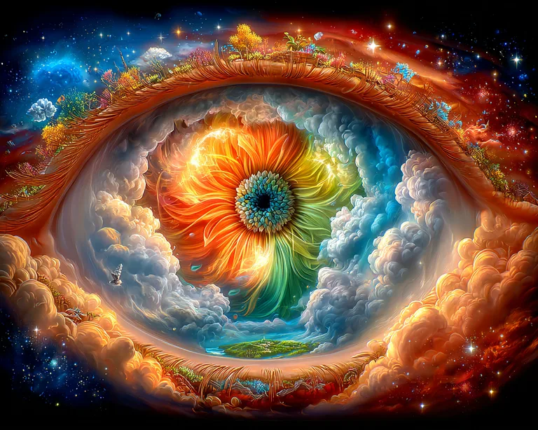 An abstract representation of an eye, where the iris is a vibrant,