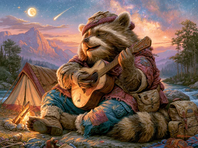 A anthropomorphic raccoon sits by a campfire, playing an acoustic