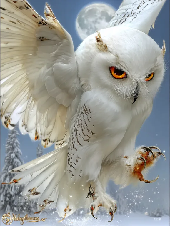 A majestic snowy owl with piercing orange eyes is captured in