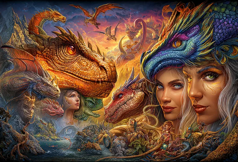 A dramatic fantasy scene unfolds with majestic dragons and ethereal