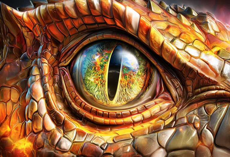 A close-up, hyperrealistic depiction of a dragon's eye