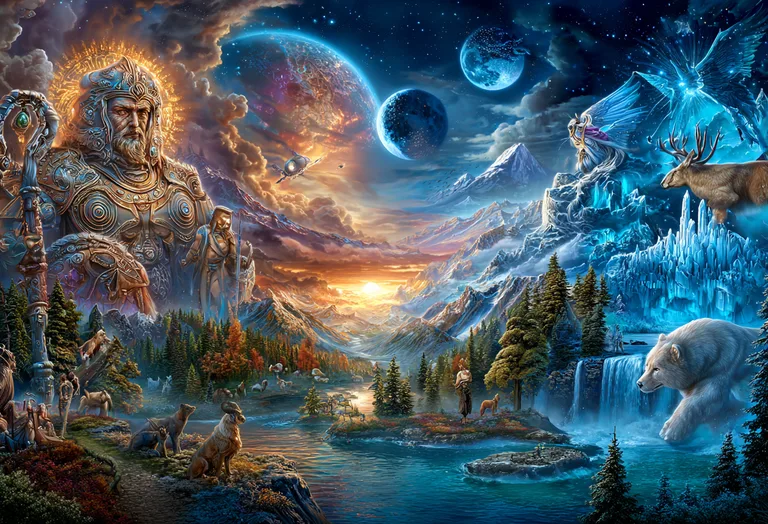 A majestic, god-like figure stands in the foreground, adorned in