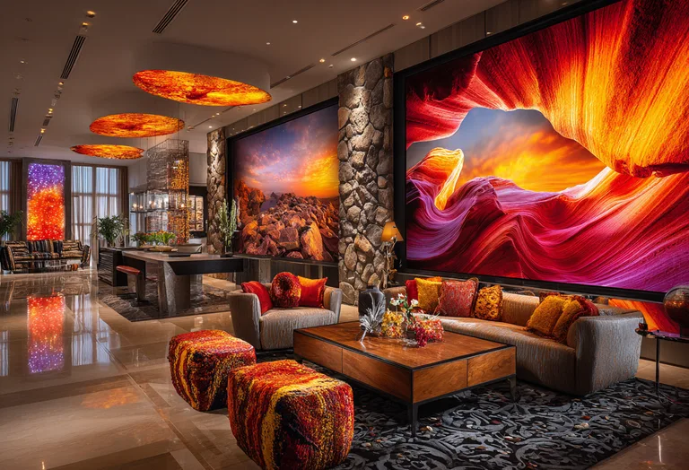 A luxurious hotel lobby features large, vibrant artworks depicting