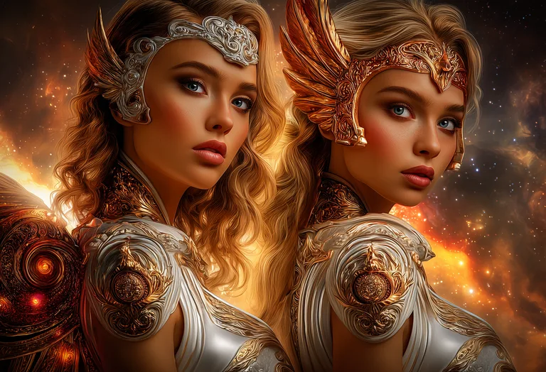 Two regal female figures with golden winged headpieces and ornate