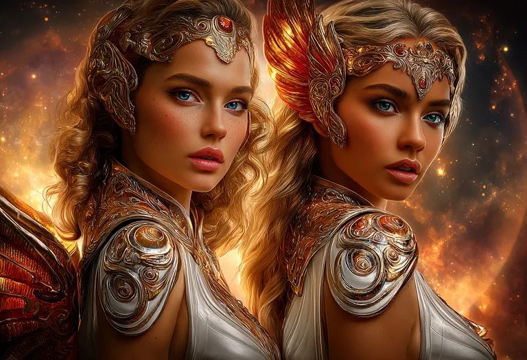 Two ethereal female figures with striking blue eyes and golden armor