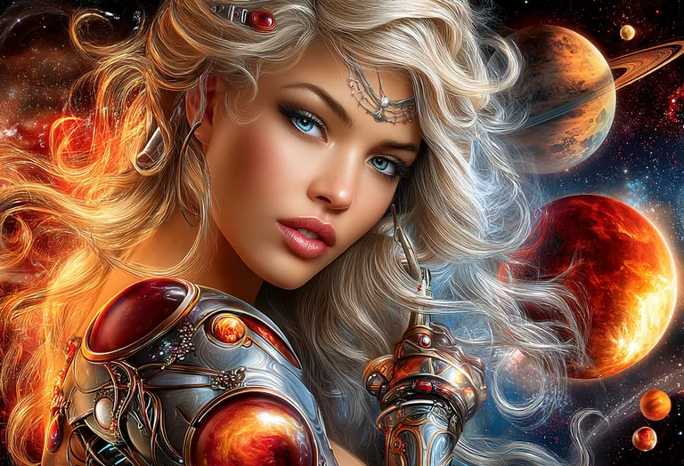 A stunningly beautiful woman with flowing blonde hair and piercing