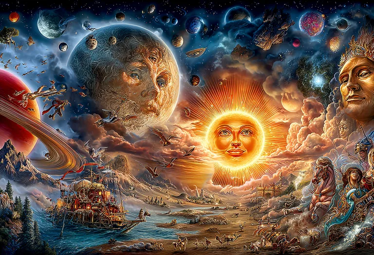 A surreal cosmic landscape unfolds with celestial bodies personified