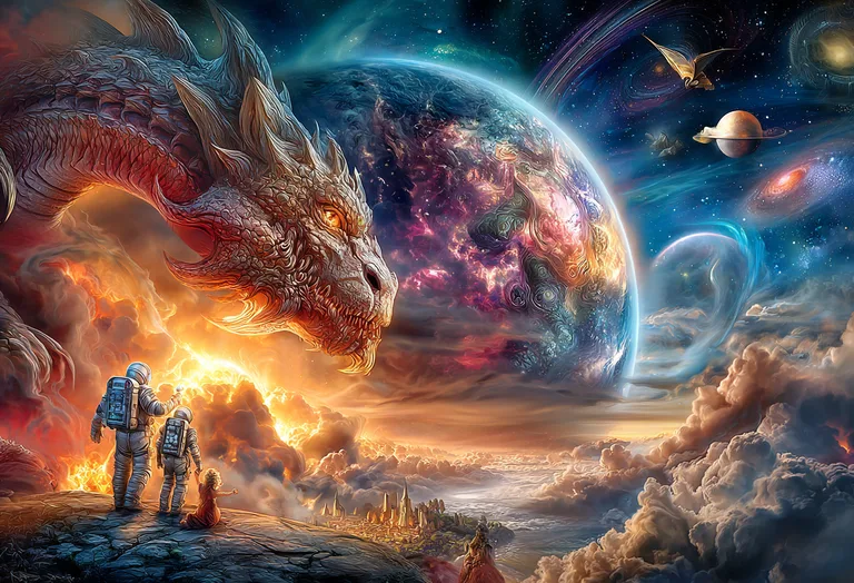 A colossal dragon looms over a fantastical cityscape, its scales