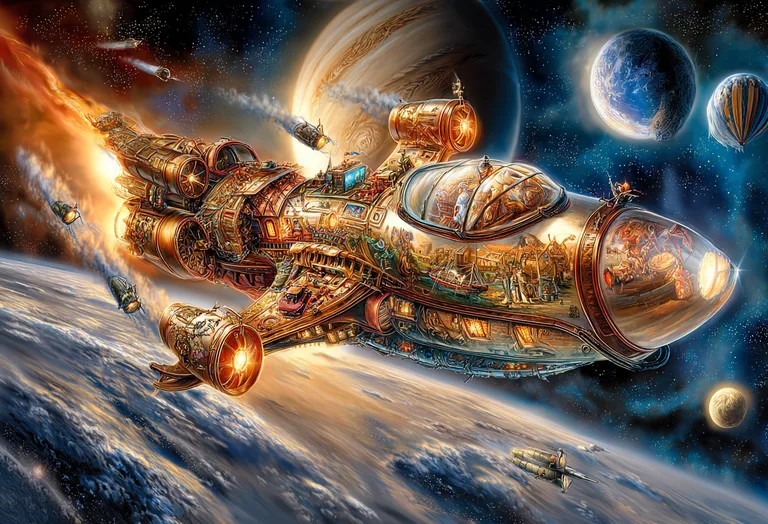 A highly detailed, steampunk-inspired spaceship navigates through the