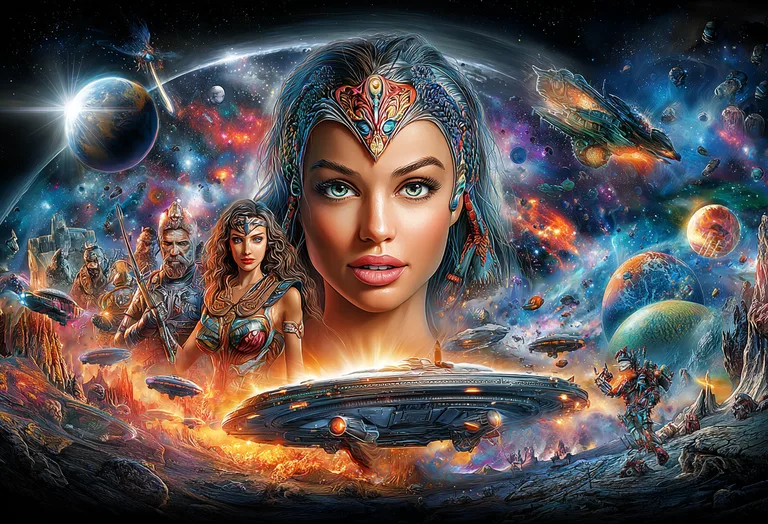 A cosmic warrior queen gazes forward, flanked by her warriors and