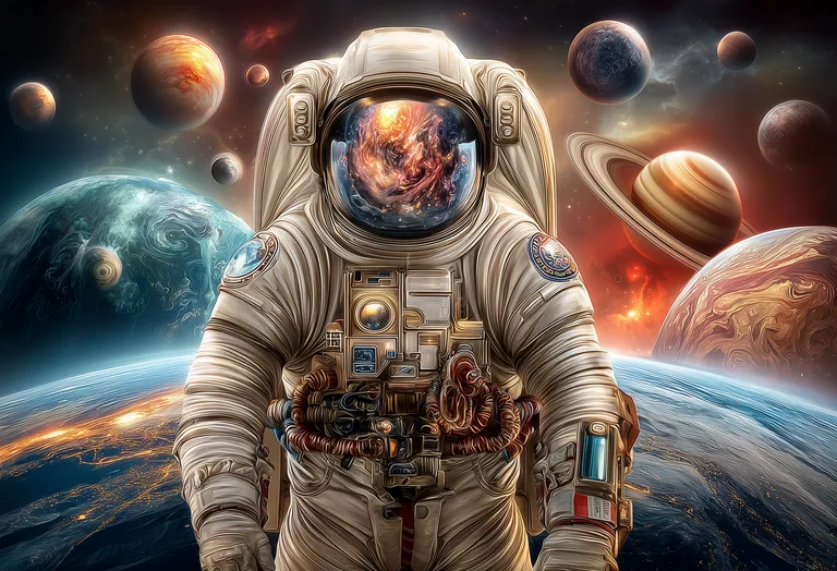 An astronaut stands in the foreground, gazing out at a vibrant and