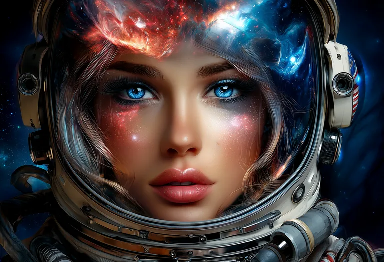A close-up portrait of a female astronaut's face, reflected with a