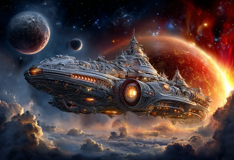 A massive, intricately detailed spaceship hovers majestically amidst