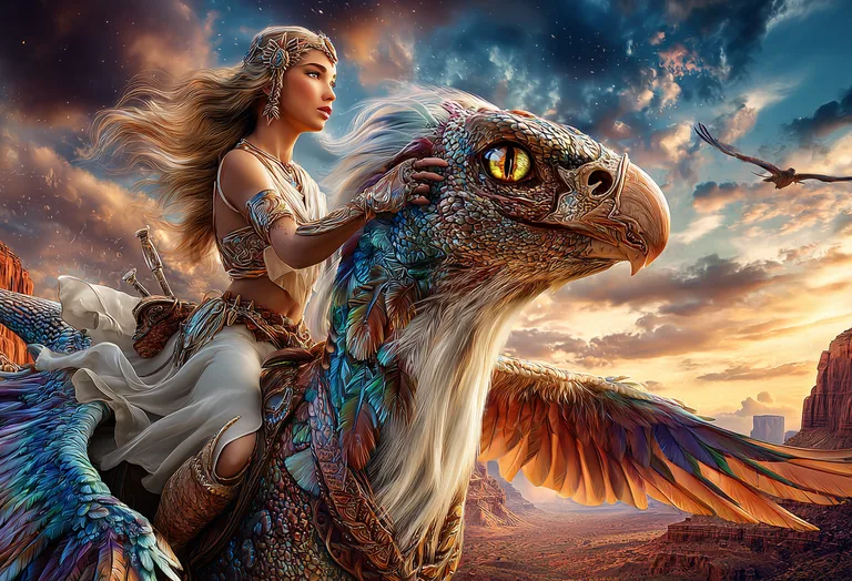 A woman with flowing blonde hair rides a majestic, feathered creature