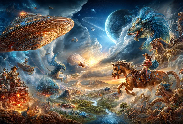 A fantastical scene unfolds with a colossal steampunk UFO hovering