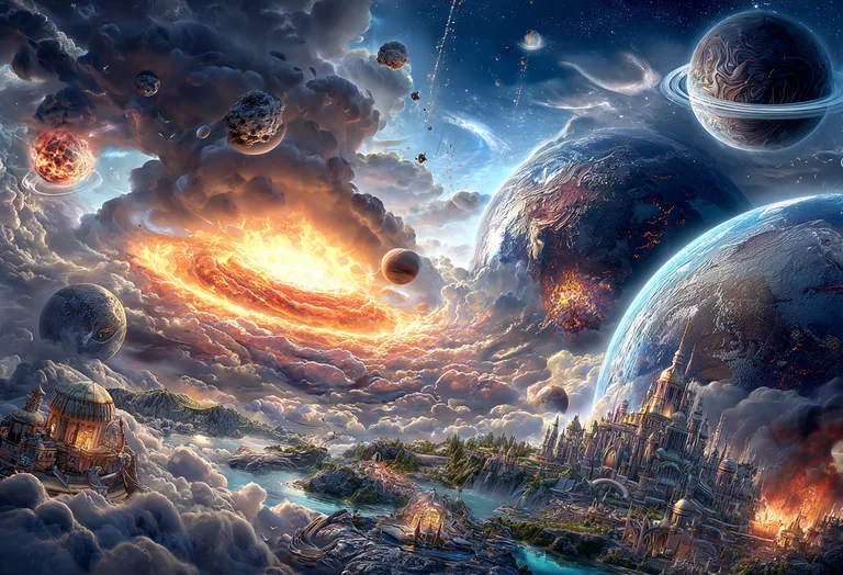 A breathtaking cosmic vista unfolds with celestial bodies and