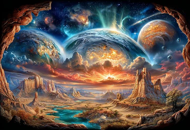 A breathtaking alien landscape unfolds beneath a sky filled with