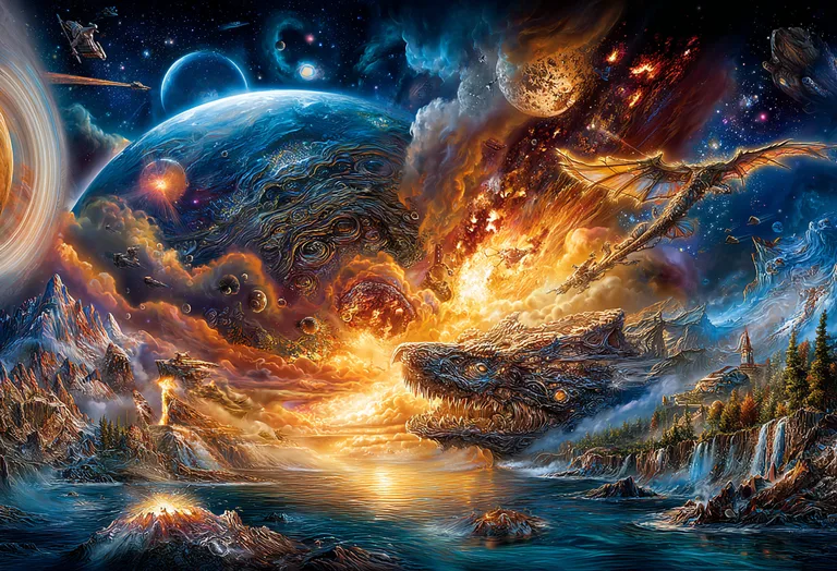 A majestic dragon soars through a cosmic landscape, with a colossal