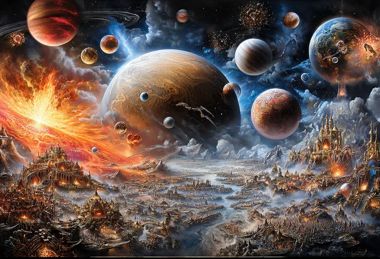 A sprawling, fantastical city is nestled within a cosmic landscape,