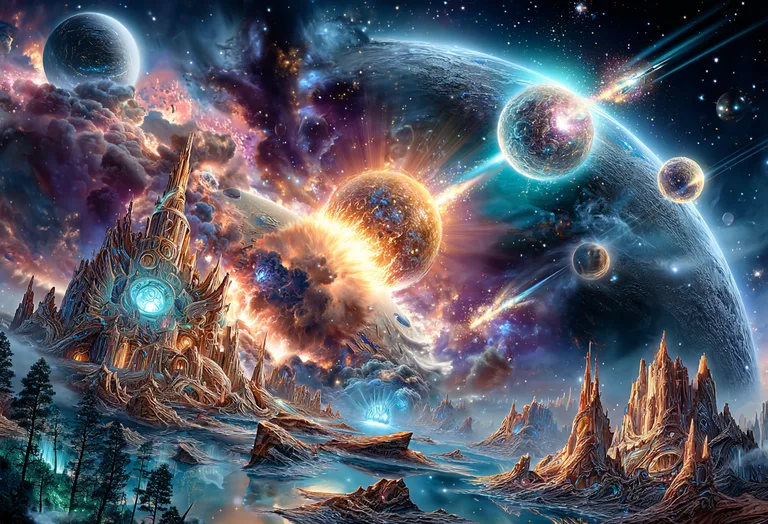 A breathtaking cosmic landscape unfolds with a colossal, ornate alien