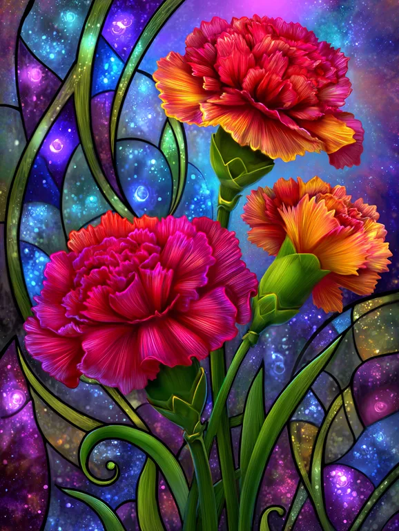 A vibrant close-up of three carnation flowers, rendered in a style