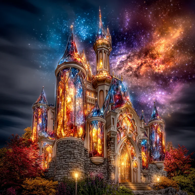 A magnificent, ornate castle glows with an inner light, its