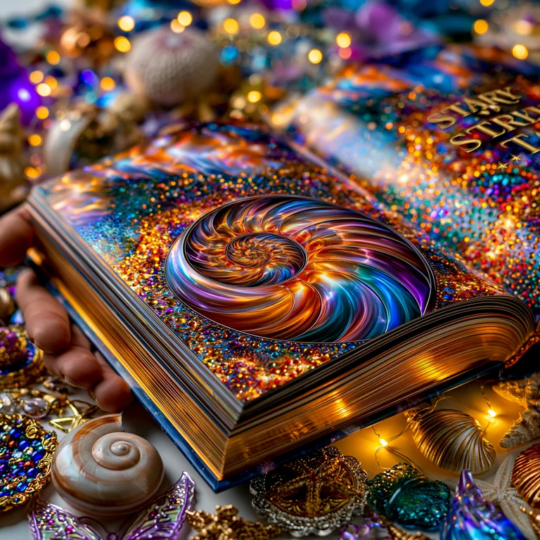 An open book with a fractal nautilus shell design on its cover is