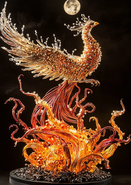 A magnificent phoenix sculpture crafted from wire and beads is