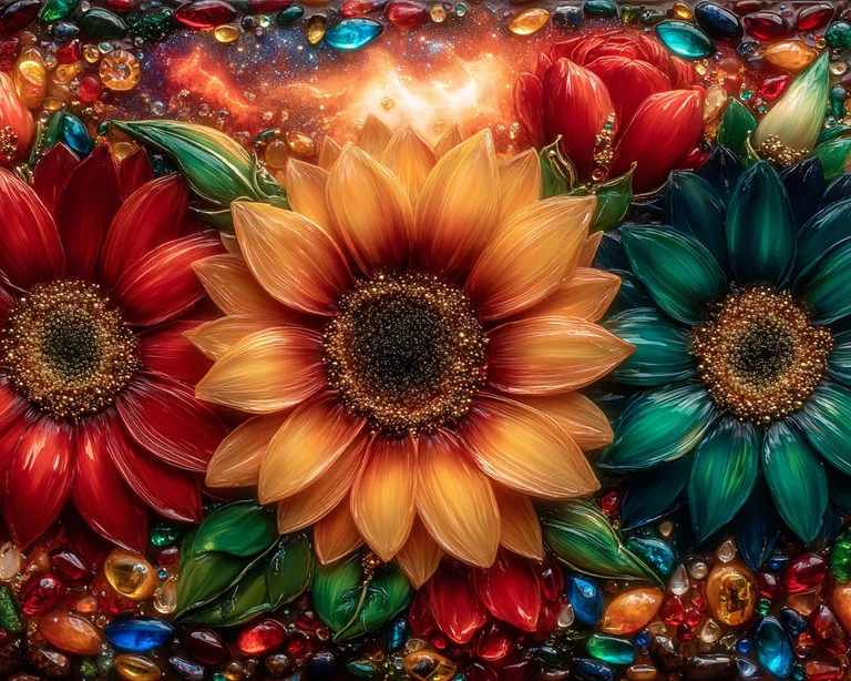 A close-up, highly detailed image showcases three stylized flowers
