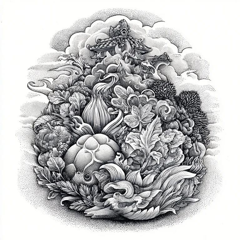 A detailed, monochromatic illustration depicts a large, overflowing